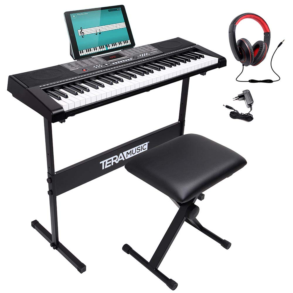 Bakaji - Teclado musical plano electrónico, 61 teclas, piano multifunción con soporte para taburete y auriculares, 255 ritmos, entrada USB AUX y atril