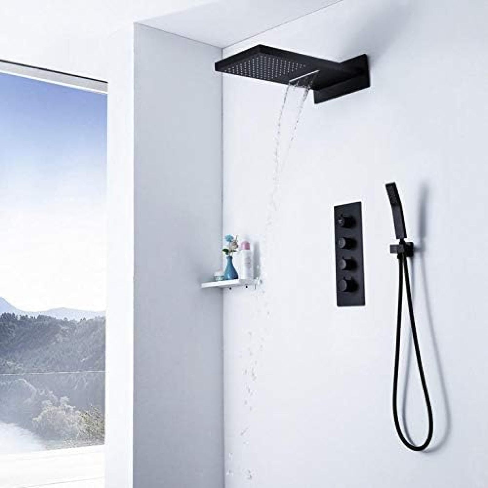 Robinet De Douche Noir, Pomme De Douche Pluie Et Cascade, Douche De Salle De Bain Murale, En Laiton Avec Douchette À Main