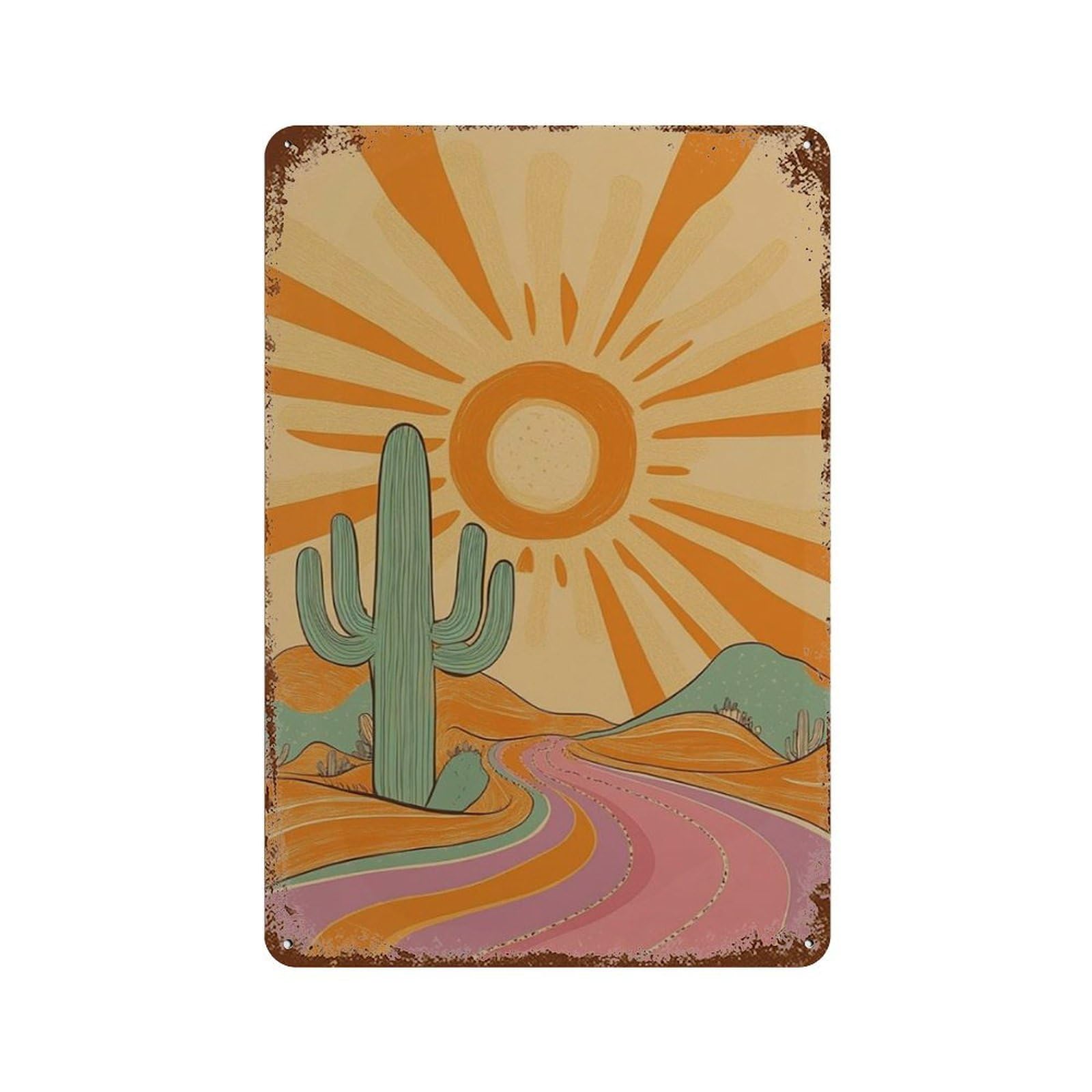 xiaoxiaoshen Desert Cactus Sunset Southwestern Landscape Retro Sunburst Nature Wall Decor Art Metal Tin Poster Modern Home Decor Art Home Bar Shop Decorations Vintage Sign 30x20cm