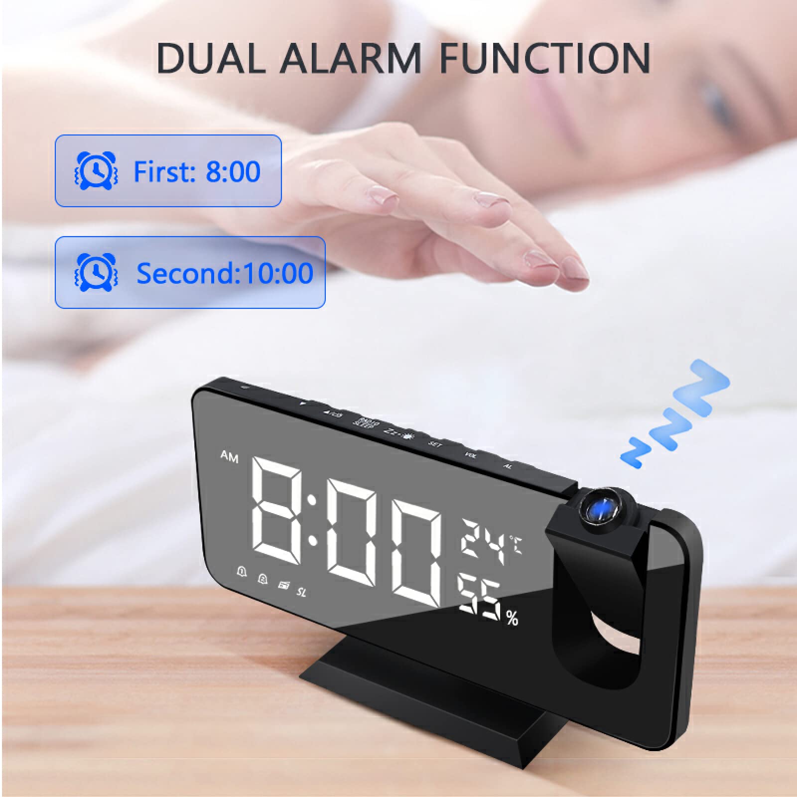 Función De Repetición De Proyección De 180 °, Reloj Despertador Inteligente, Radio FM, Alarma Digital LED, Reloj Electrónico De Escritorio, Reloj Despertador USB,Negro