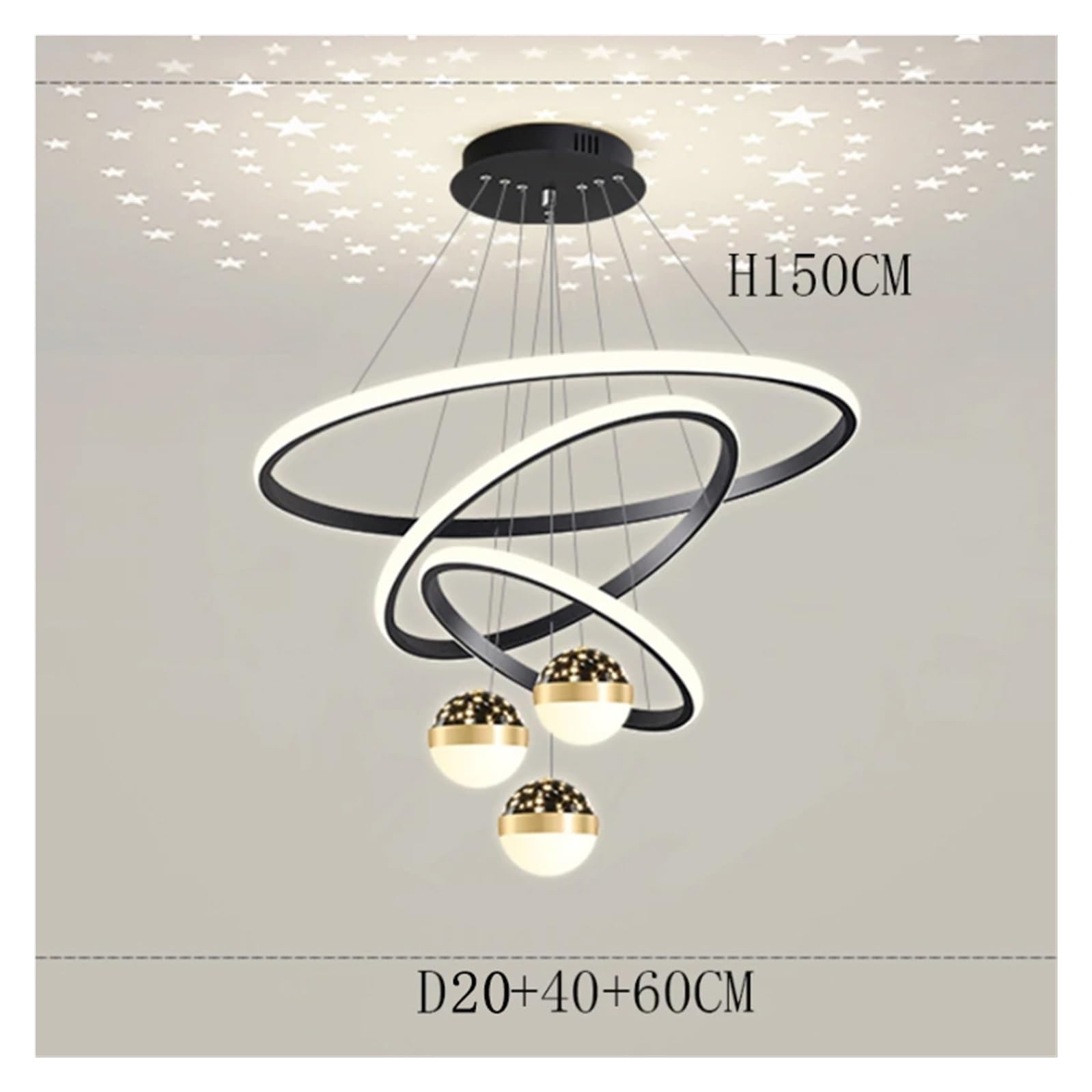 Nordic Style Jadalnia Lampa Wisząca Oświetlenie Wewnętrzne Lampa Sufitowa Wisząca Żyrandol Salon (Czarny 3R 20 40 60 Zdalne Ściemnianie RC)