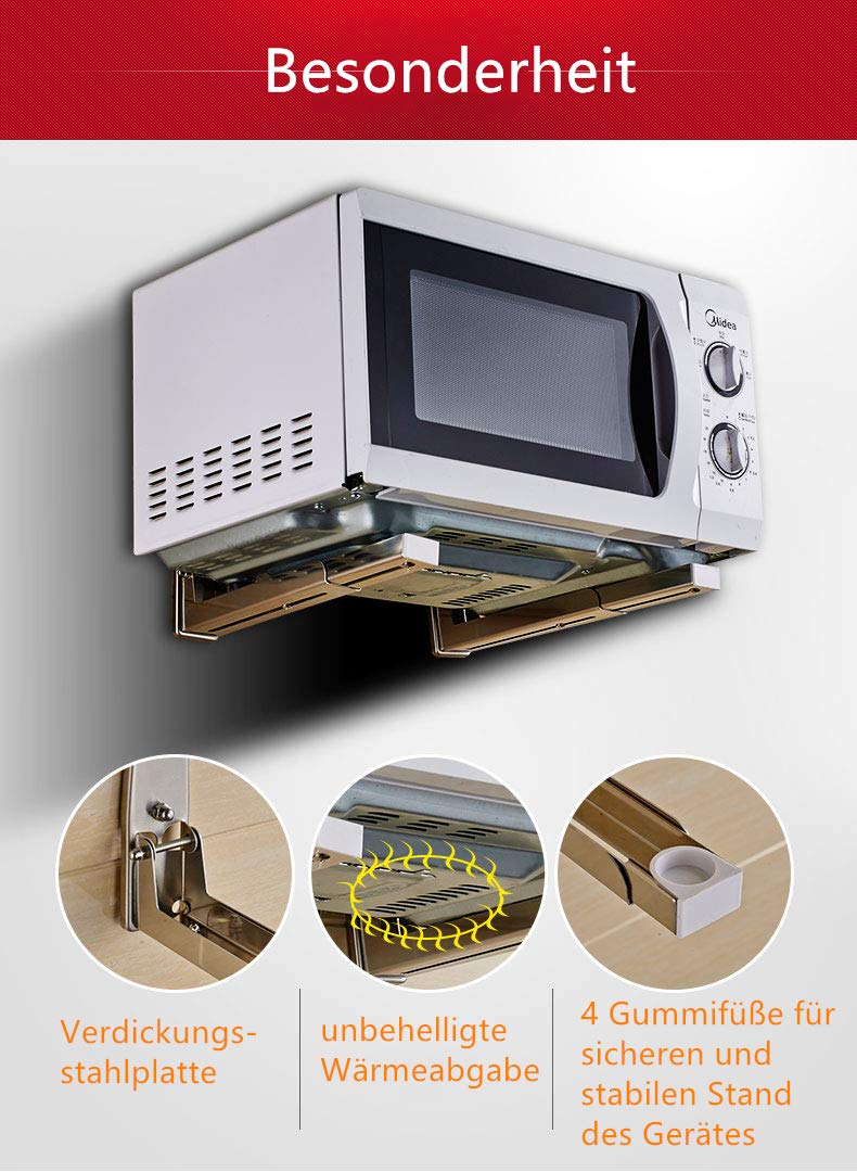 Mikrowellenhalterung aus 304 Edelstahl mit Teleskoparme, Universalwandhalterung für Mikrowellen, Grillofen, Backofen, Wandregal bis 35 kg, Wandmontagehalterung, inkl. Montagematerial, Silber