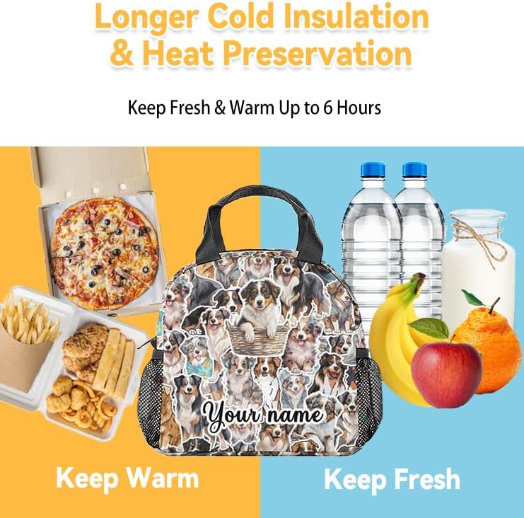 Miniatura 6 de Lonchera personalizada con diseño de pastor australiano para niñas y niños, pequeñas bolsas de almuerzo aisladas, lonchera reutilizable Kawaii para