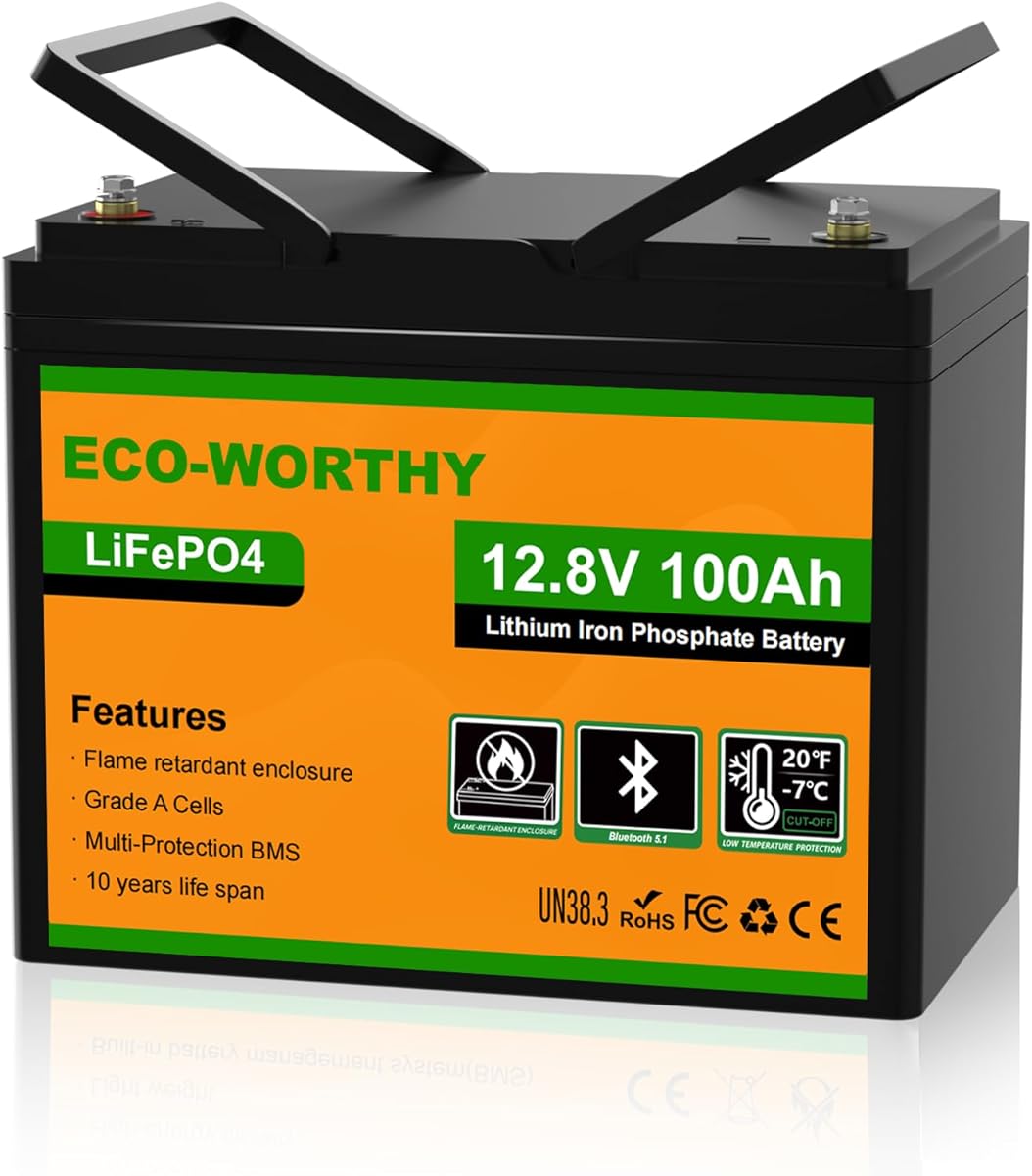 ECO-WORTHY 12V 100Ah LiFePO4 Lithium Battery, Bluetooth & Low-Temp Protection, Group 24 with 100A BMS, Up to 15000+ Deep Cycles for Trolling Motor, RV, Camping, Off-Grid