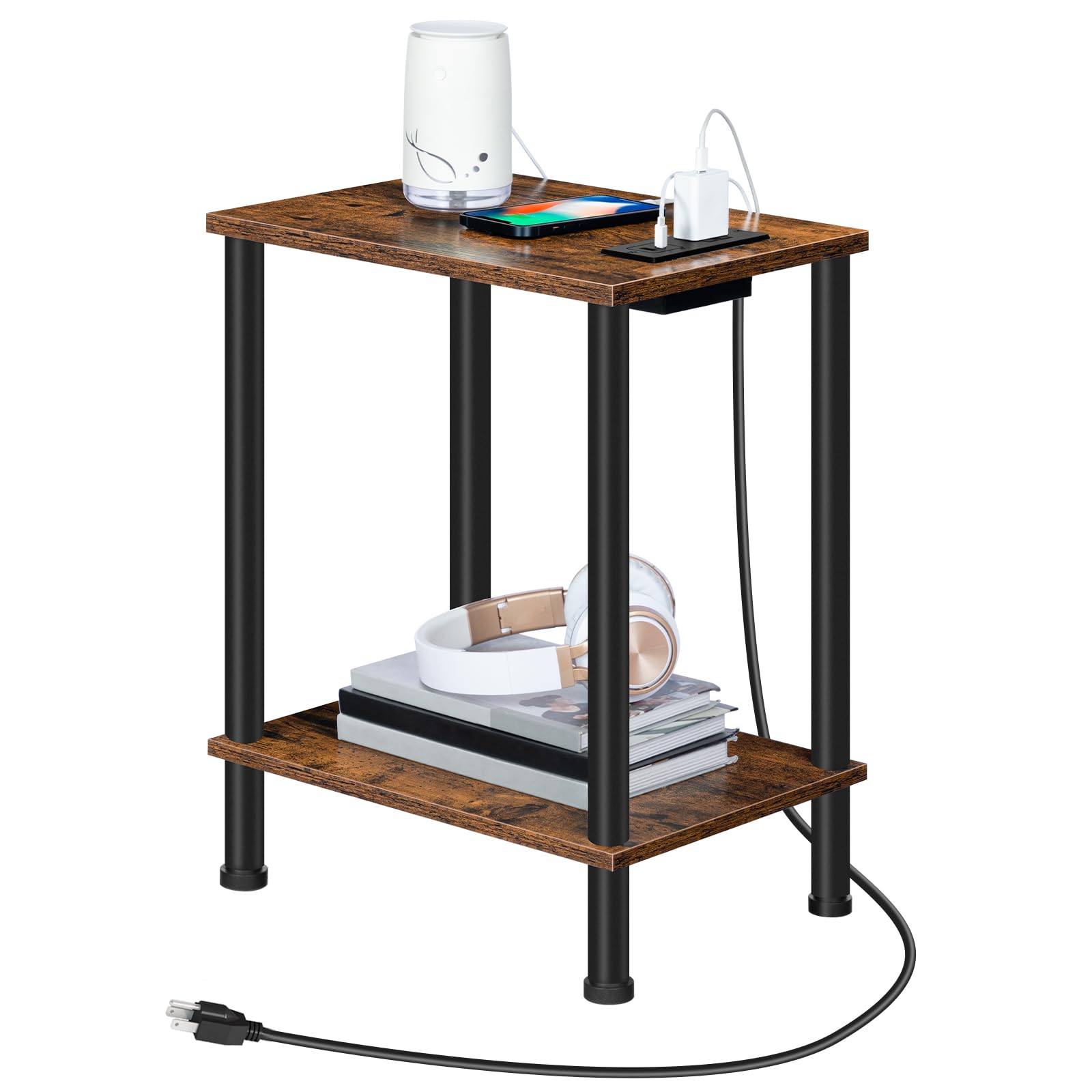 hoobro side table with charging station end table with usb port and outlet nightstand with 2-layer storage shelves for small spaces living room bedroom stable frame rustic brown bf09ubz01