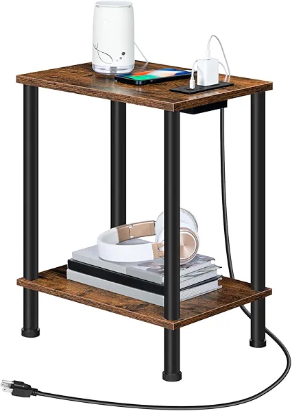 HOOBRO Side Table with Charging Station, End Table with USB Port and Outlet, Nightstand with 2-Layer Storage Shelves for Small Spaces, Living Room, Bedroom, Stable Frame, Rustic Brown BF09UBZ01