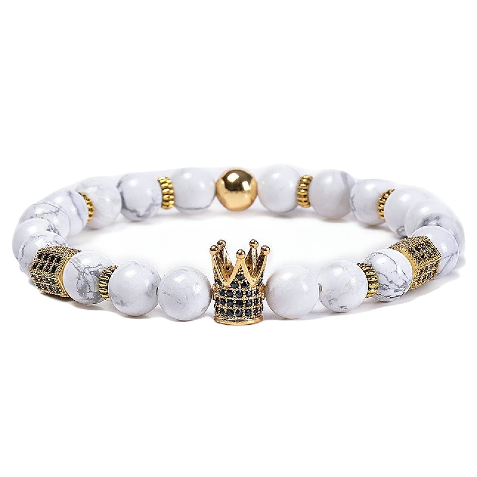 Pulseras de Cuentas para Mujer, Pulsera de Piedra Turquesa de 8 mm con Corona, Pulseras Ajustables para Hombres de 18 cm