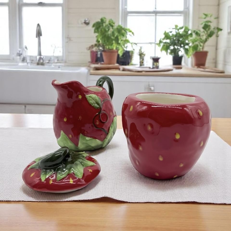 Set de Azucarero y Lechera Vintage en Forma de Fresa – Juego de Azucarero Cerámica con Tapa – Azucarero Rojo Cocina Gres 11x20 cm
