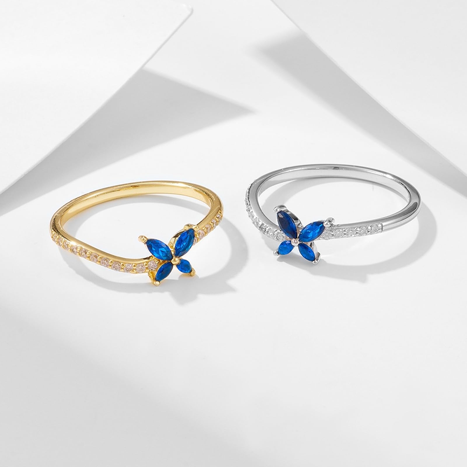 Anillo de boda de oro blanco de 9 quilates, anillo de mujer, zafiro sintético azul moissanita