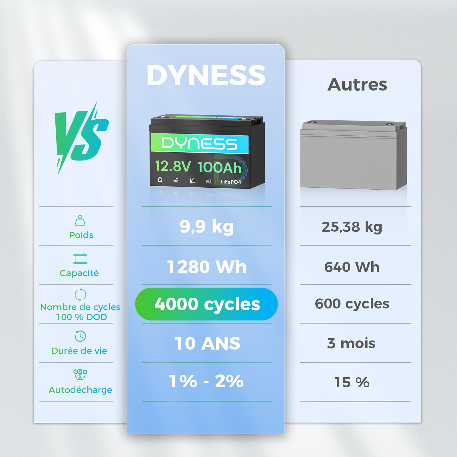 Dyness Batterie Lithium 12V 100 Ah LiFePO4 avec Protection 100A BMS, Batterie Lithium Camping-Car pour kit Panneau Solaire, Caravane, Alimentation de Secours