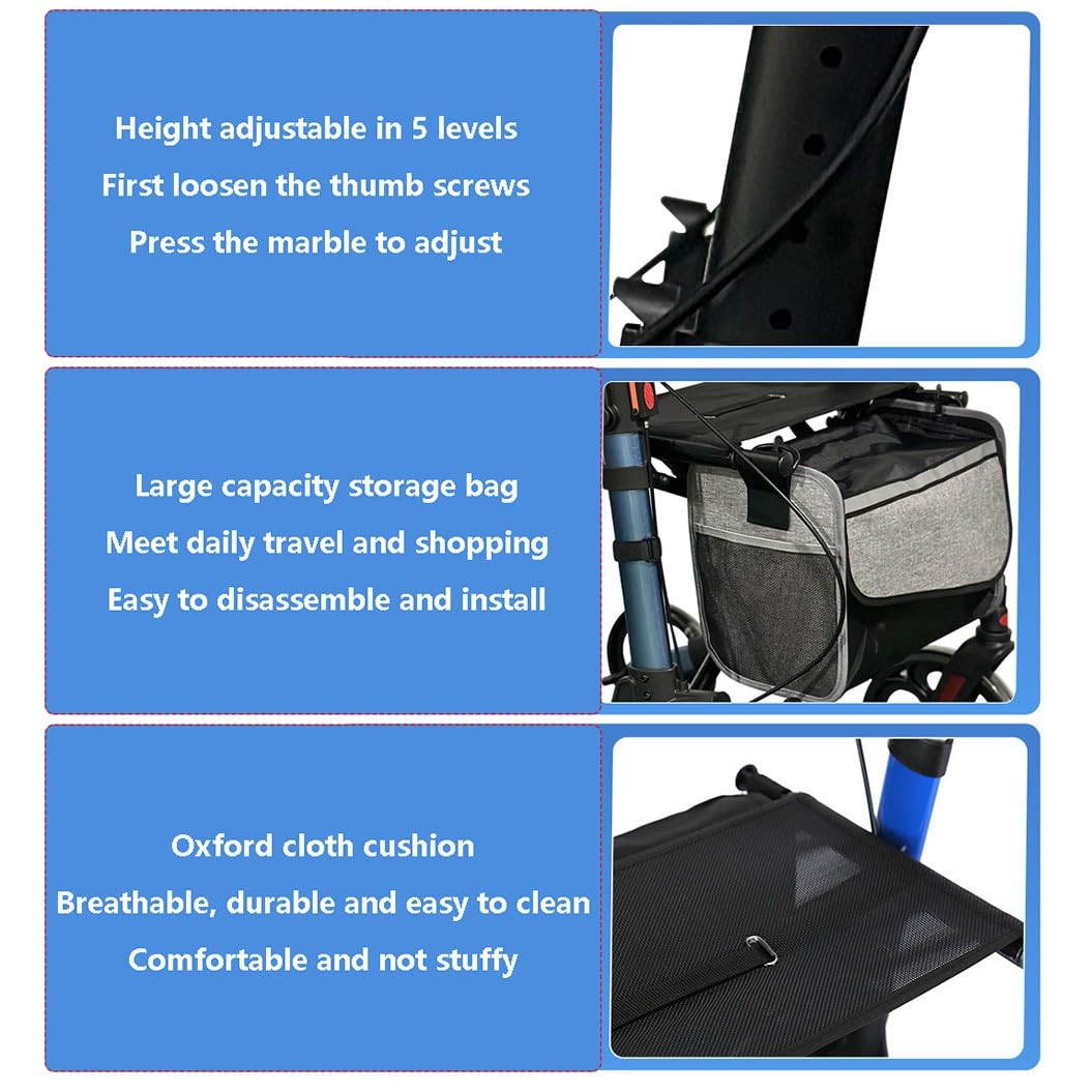andador para exteriores,4 Ruedas Caminadores para Mayores,Caminador Andador Aluminio con Ruedas,Plegable,altura ajustable,Para uso exterior e interior blue