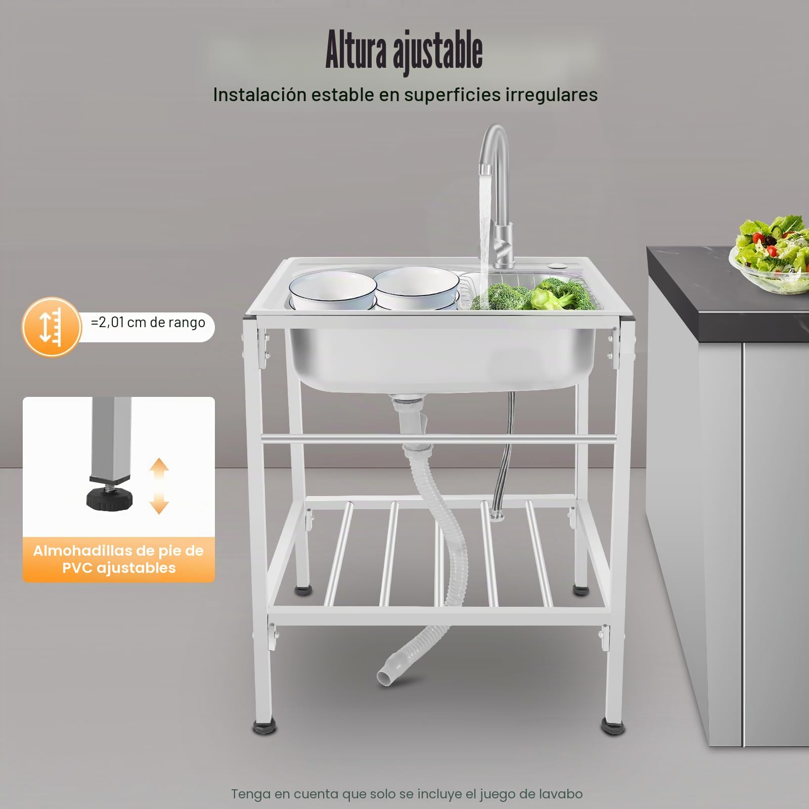 Fregadero de cocina, fregadero independiente, fregadero inox, con grifo caliente y frío, cesta de drenaje, drenaje, soporte ajustable, lavabo, 60 x 45 x 75 cm para cocina, taller, exterior