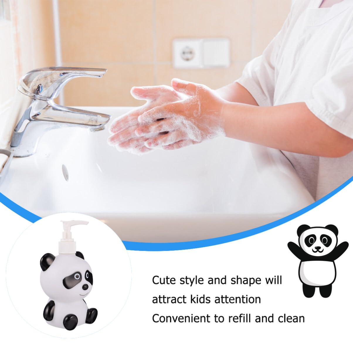 HEMOTON Kids Lotion Dispenser Press Pump Bottle 10Oz Refillable Panda Cartoon Design for Shampoo Soap Bathroom Home School Use - Image 4