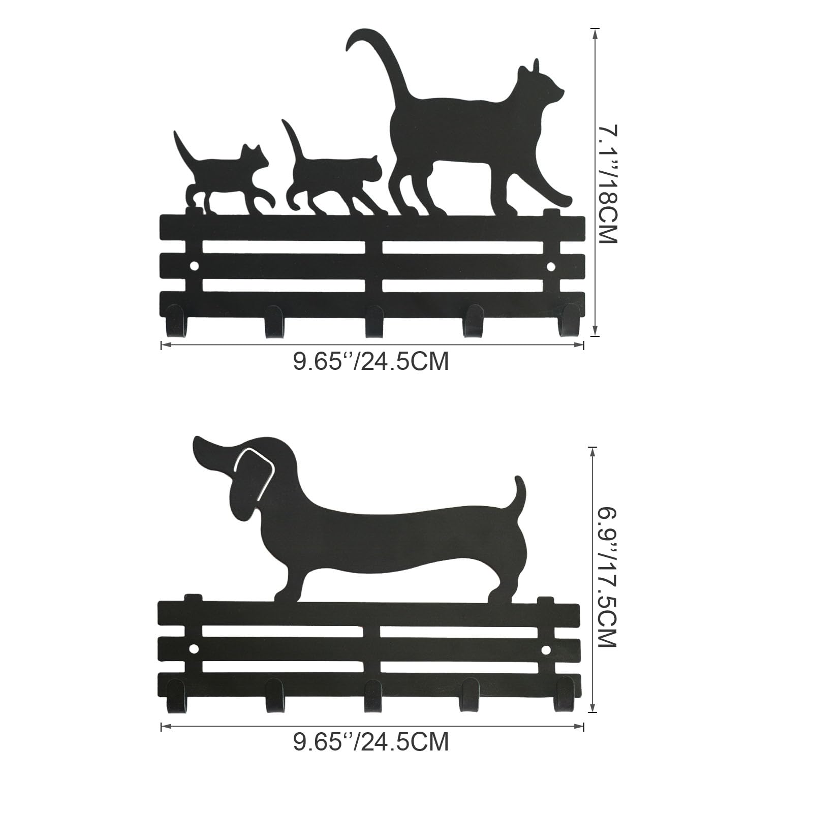 QZXYGY Key Holder on Wall, Metal Key Hooks with 5 Hooks,Wall Mounted cat&Dog Key Hooks Organizer Key Hanger Rack for Entrance, Front Door, Hallway, Kitchen, Office (Black 2pcs)