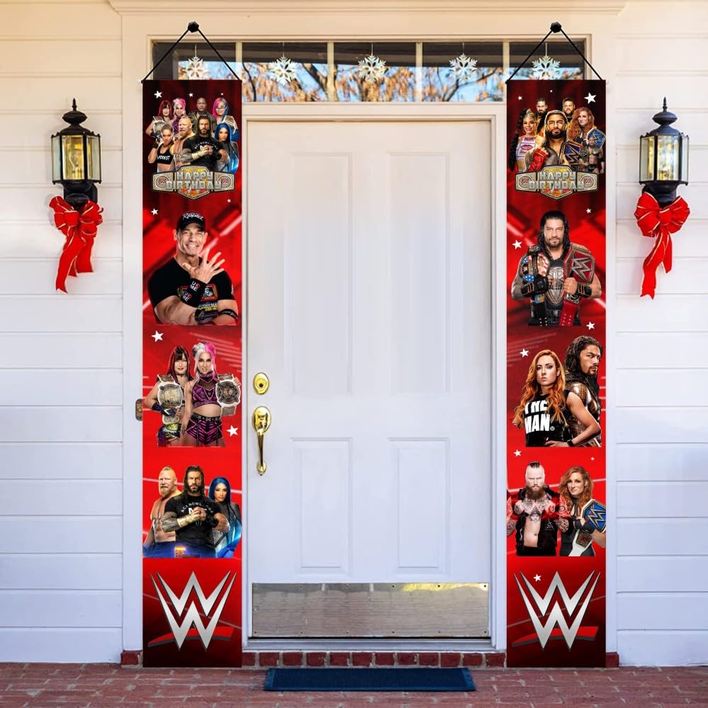 Image of 2Pcs Wresting Birthday Porch Sign Door Hanging Banner Party Supplies for Wresting Themed Door Decorations