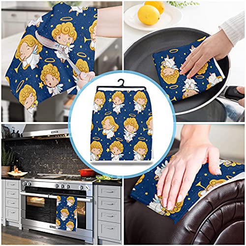 Funnywall88 Kitchen Towels Or Dish Towels, Blue Sky Cute Cartoon Angel With Horn Christmas Night Kitchen Hand Towels For Mom Or Tea Towels, Set Of 1 Cotton Dishtowels And Dishcloth For Bathroom Decor #TOP3