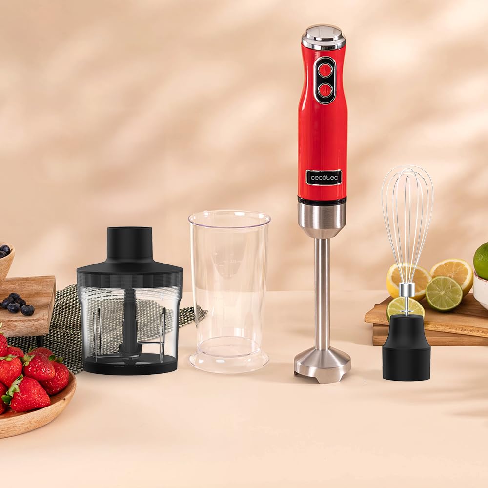 Mixeur Plongeant Cecotec Power RetroRed 1200MAX Cream&Crush - 1200W - Design Rétro - Lames Titane - Accessoires Inclus