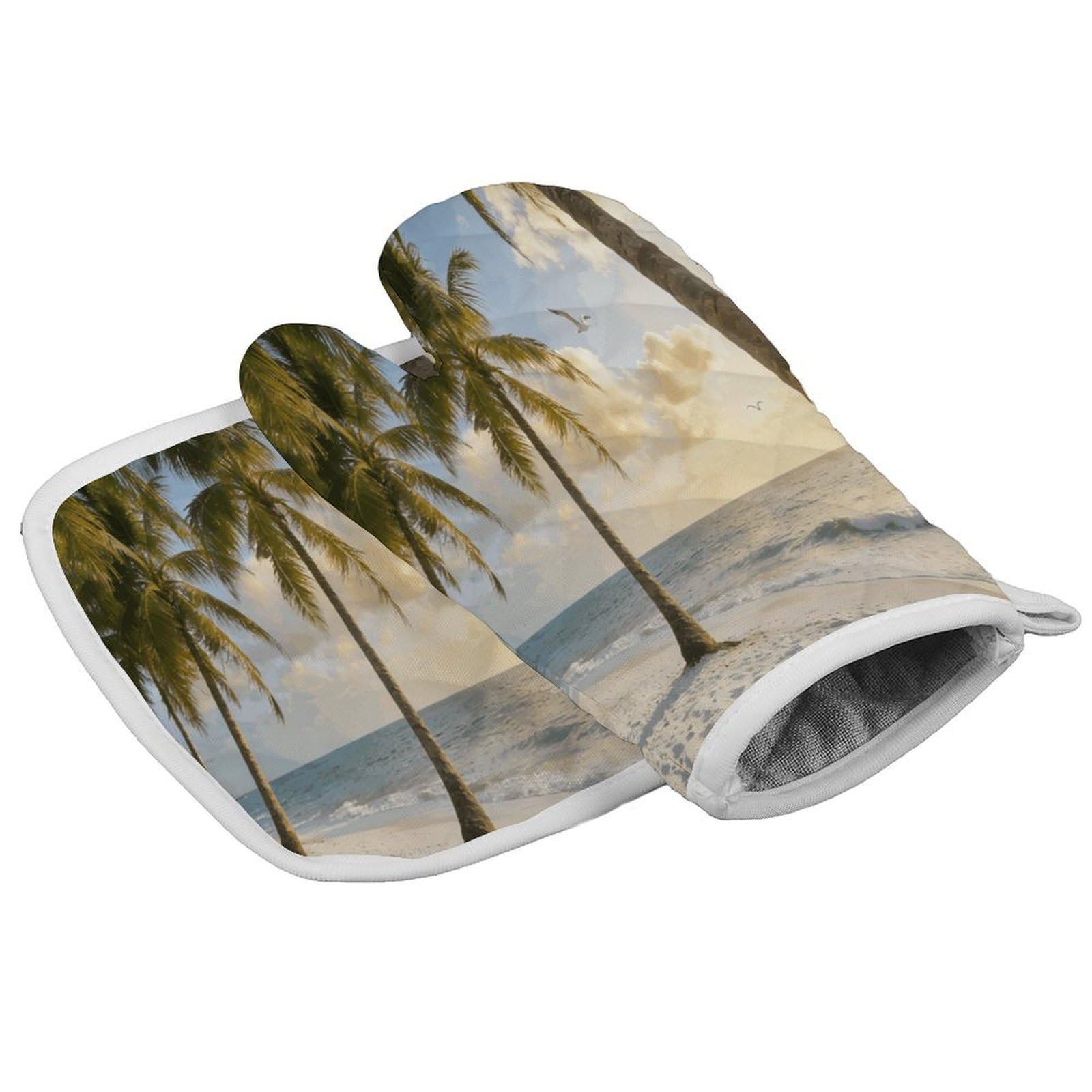 Fodpand Style Beach And Coconut Tree Oven Mitt Set With Lanyard, Cooking Mitt, Protective Thermal Insulation,Kitchen Mitt For Baking, Cooking, Grilling, Microwave