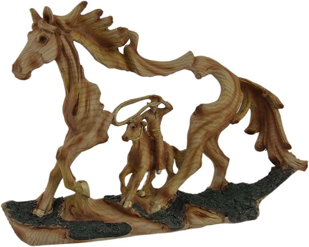 Zeckos Reigning in Roping Cowboy and Horse Decorative Wood Look Statue