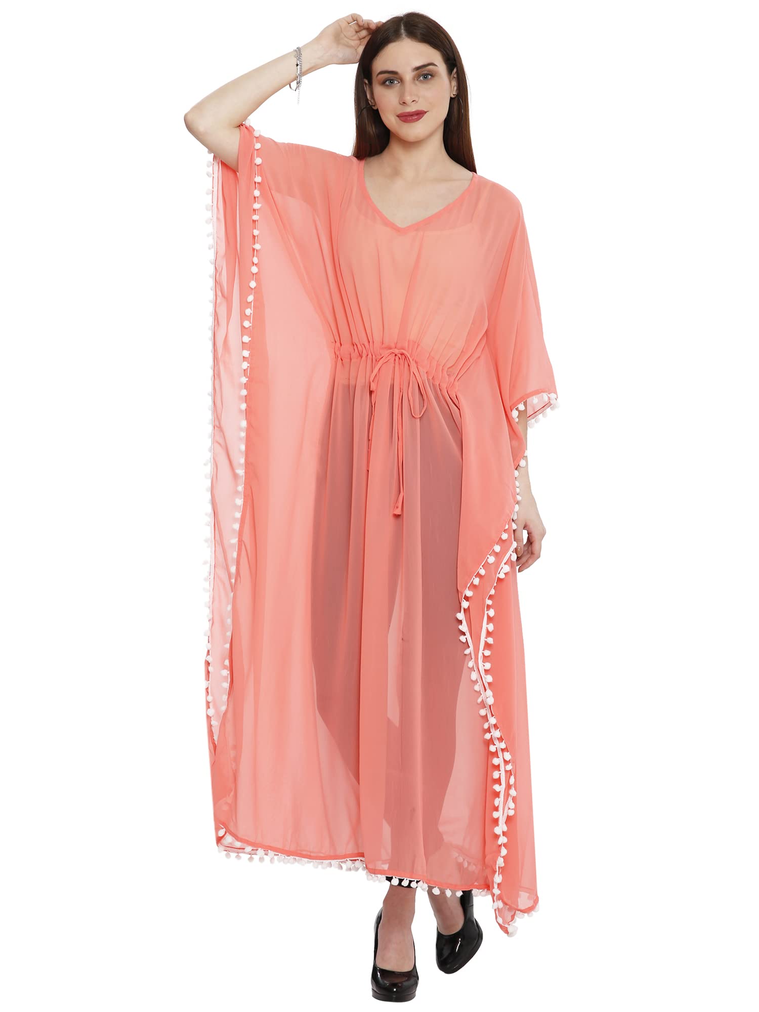 InTrend Forever Georgette Maxi Pompom Kaftan Long Beachwear Bikini Coverup with Adjustable Drawstring Free Size for Women