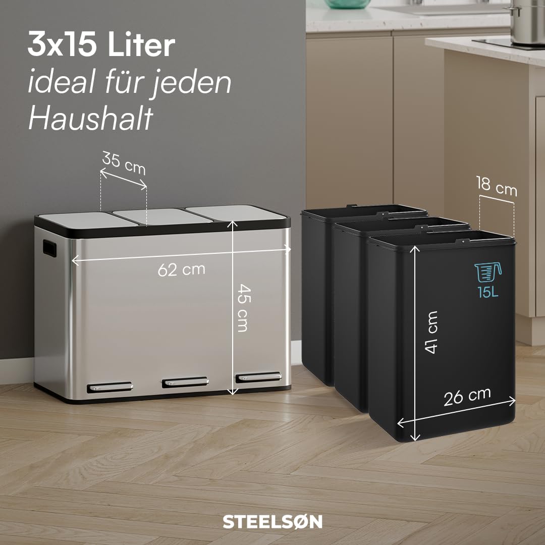 STEELSØN Epsilon Mülleimer 3x15L, 3 Fächer, aus Edelstahl in Silber | Mülltrennsystem Küche, Tretmülleimer mit Soft-Close-Deckel, Abfalleimer + herausnehmbaren Inneneimern für Recycling/Restmüll