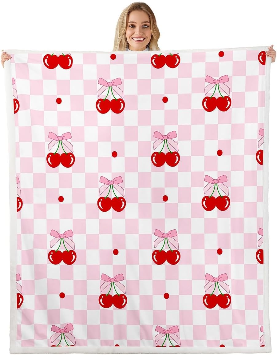Pink Bowknot Kids Throw Blanket,Cherry Bow Tie Dot Princess Romantic Bed Blanket for Girls Women,Geometric Grid Plaid Patchwork Fleece Blanket,Fashion Fuzzy Blanket,Twin Size (60 x 80 Inches)