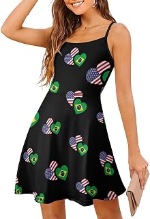 Brazil & US Flag Fashion Women's Spaghetti Strap Swing Dress Sleeveless Sundress Beach Holiday