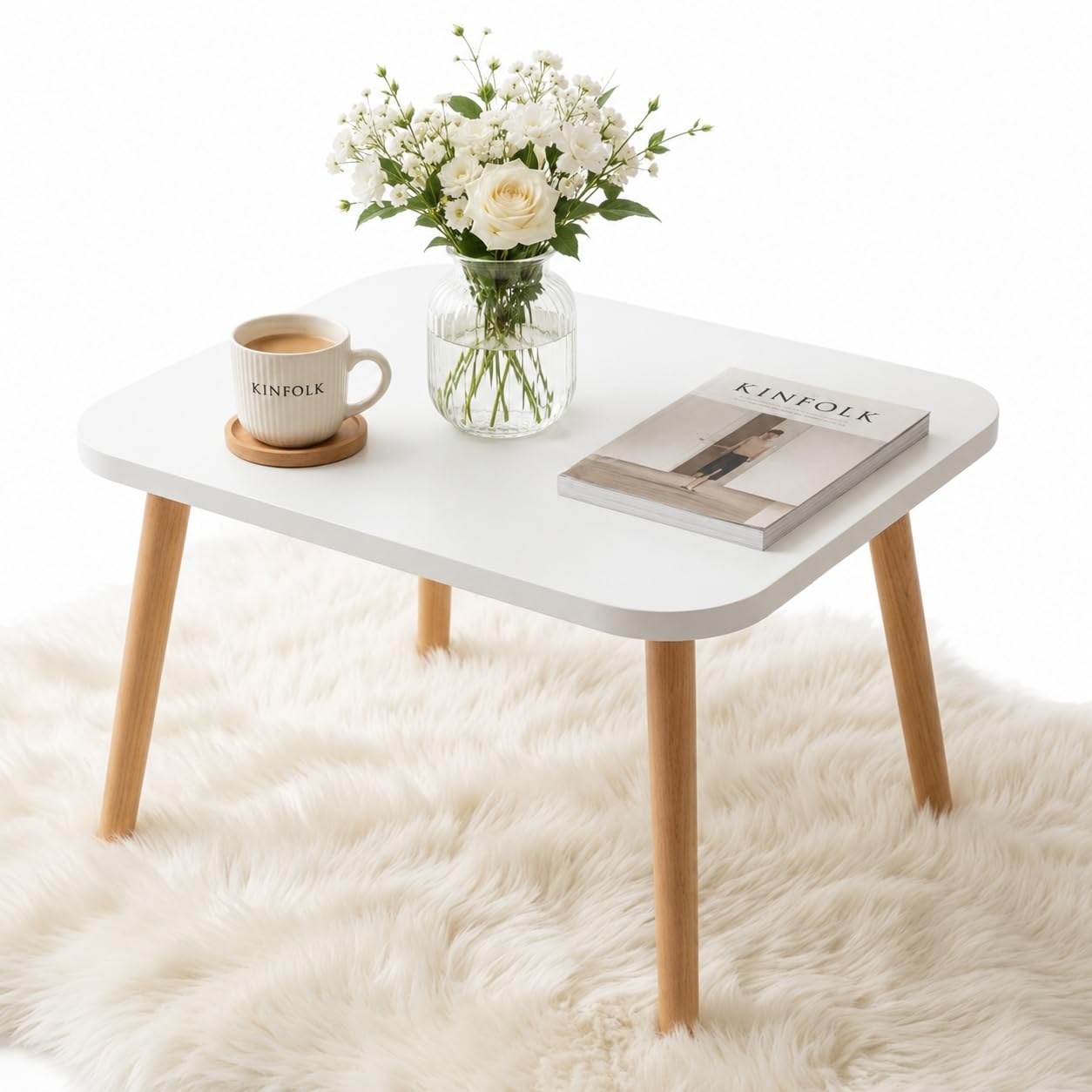 PlayPals Couchtisch Weiss Rechteckig 70x50 cm – Skandinavischer Wohnzimmertisch Holzbeine, Sofatisch Modern, Beistelltisch Holz MDF, Tisch Wohnzimmer