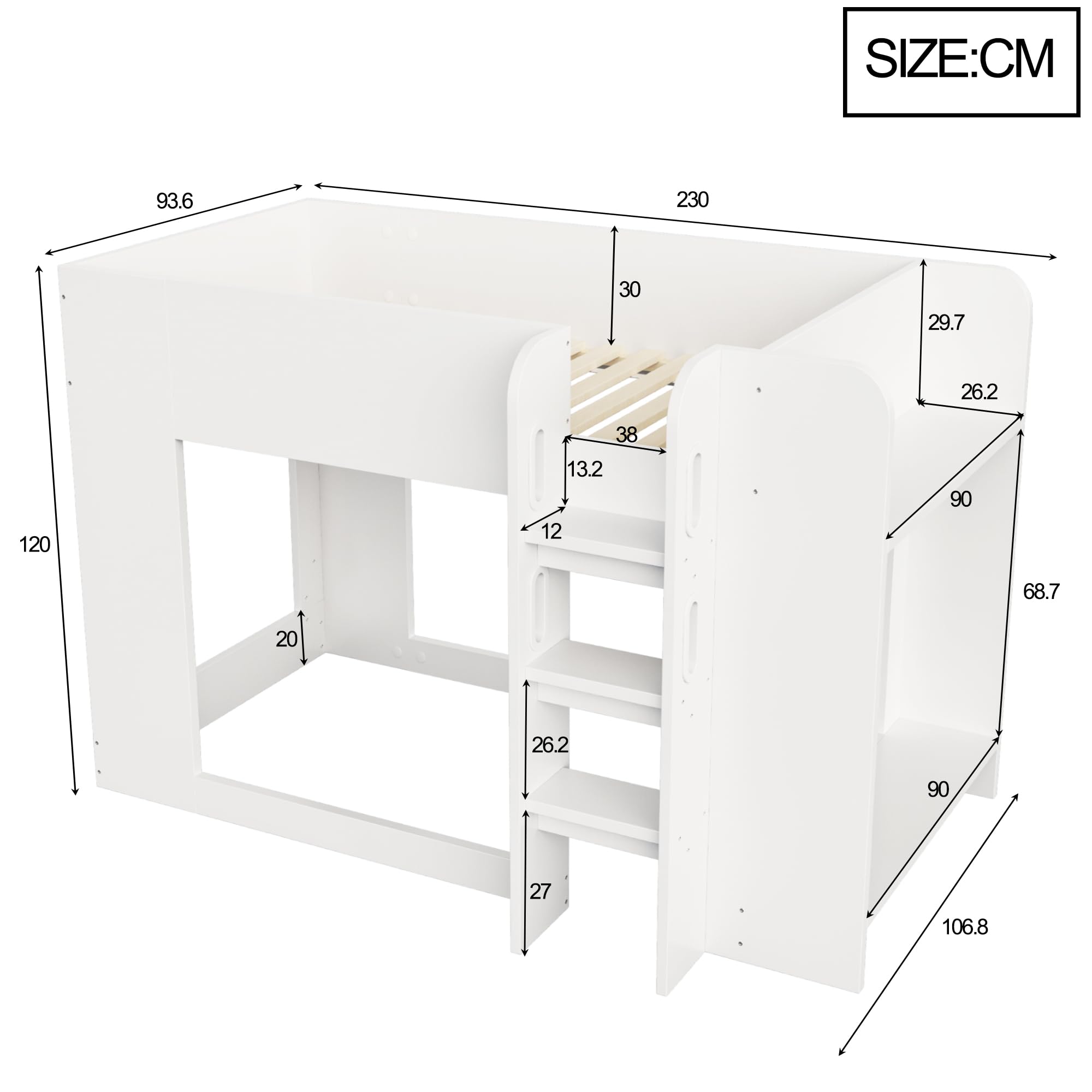 Merax Lit superposé pour enfant 90 x 200 cm avec grille de sécurité, échelle de sécurité, compartiment de rangement à double étages et sous-lit personnalisable - Blanc (sans matelas)