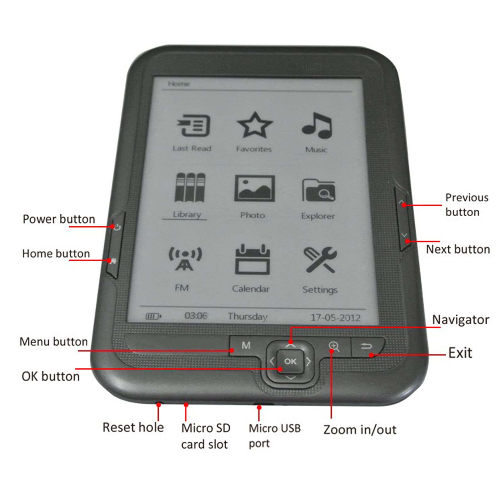 E Reader, 6in 800X600 HD Ink Screen Protezione per Gli Occhi E Reader, Tasti di Navigazione Multifunzione Supporto per Riproduzione Musicale FM Lettore di Libri Elettronici(16 GB)