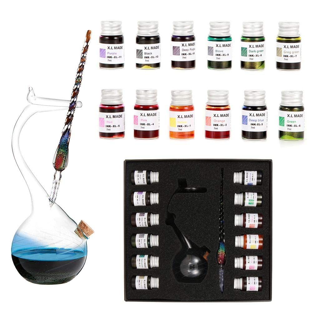 Worison Handmade Borosilicate Glass Stand Glass Dip Pen Ink Set-Crystal Pen with 12 Color Inks