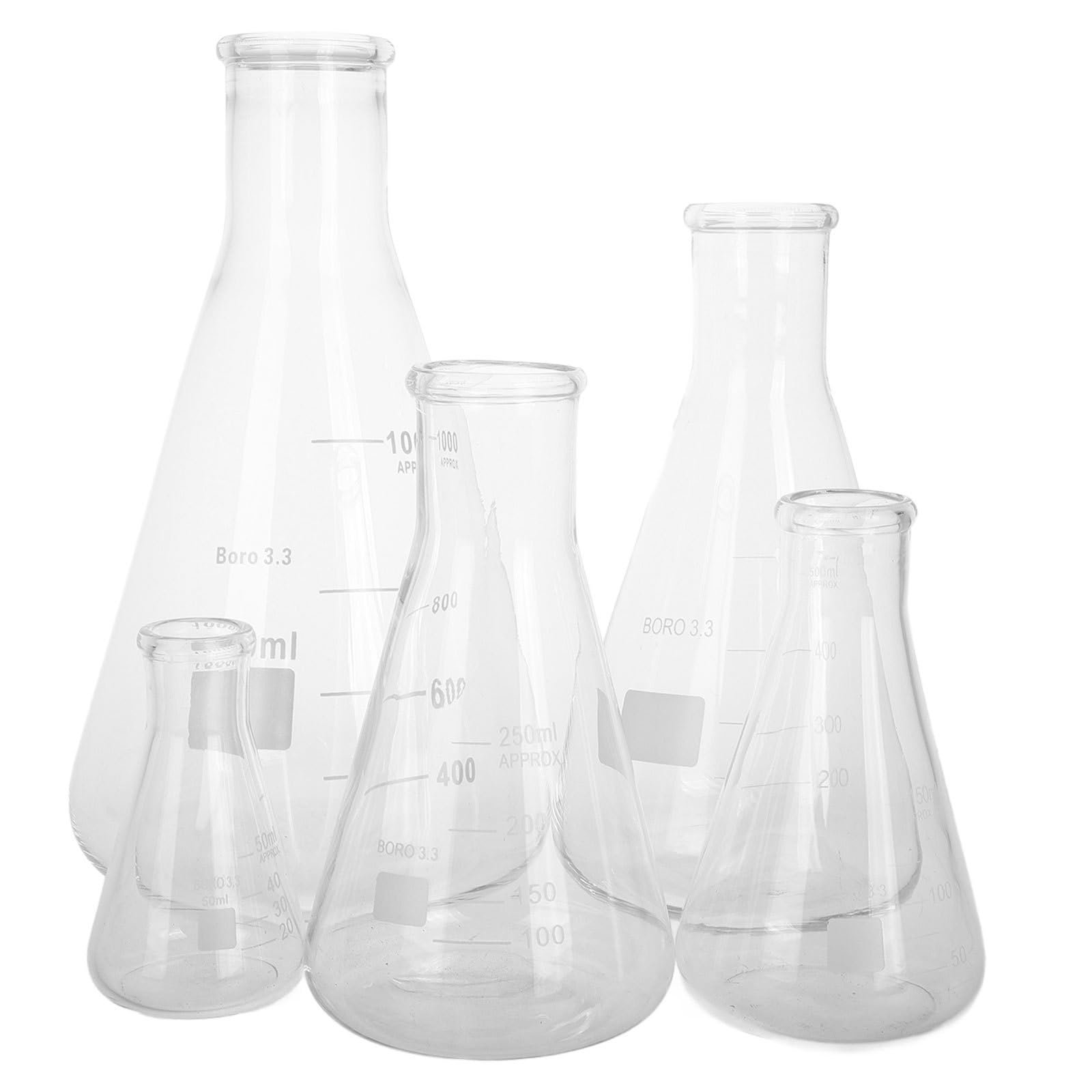 Erlenmeyer y Base Triangular Juego de 5 Matraces de de Borosilicato Resistente a Altas, Capacidad de 50 Ml a 1 L para Químico