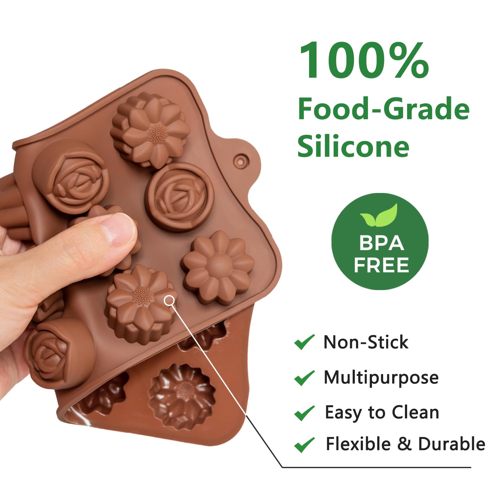 Paquete de 6 moldes de chocolate con flores y corazones, silicona, sin BPA, moldes multiusos, 90 cavidades, antiadherentes, fáciles de usar