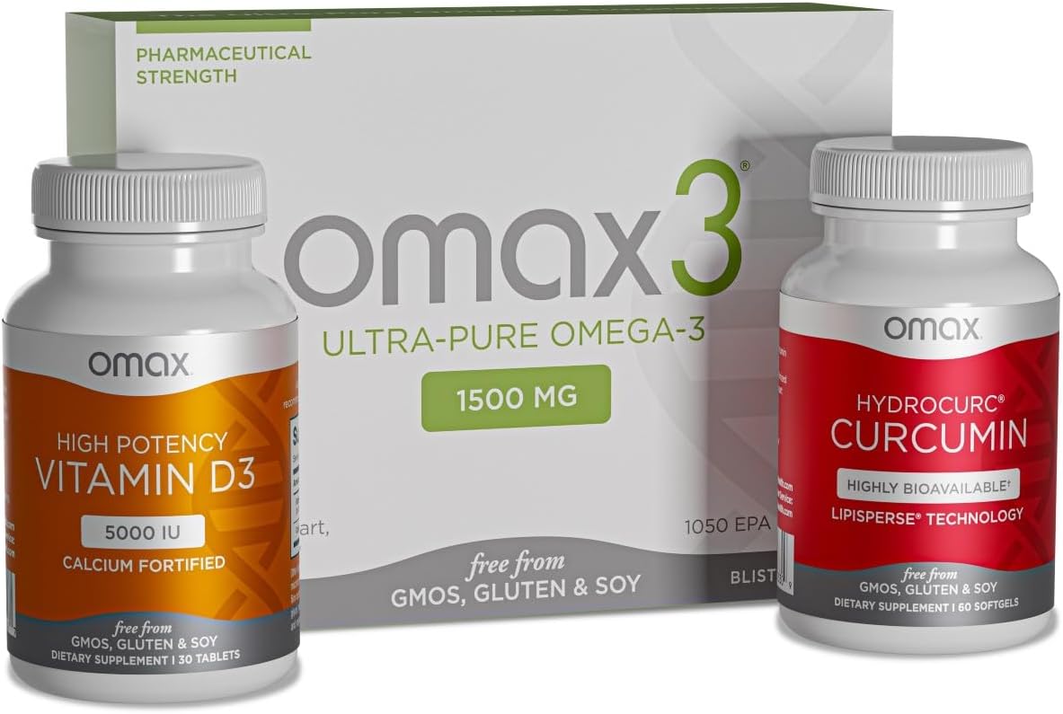 Omax3 Omax Inflammation Fighter Trio - A 30-Day Kick Starter for Muscle & Joint Wellness Includes Ultra-Pure Omega-3, Highly Bioavailable Curcumin Extract and Omax High Potency Vitamin D3