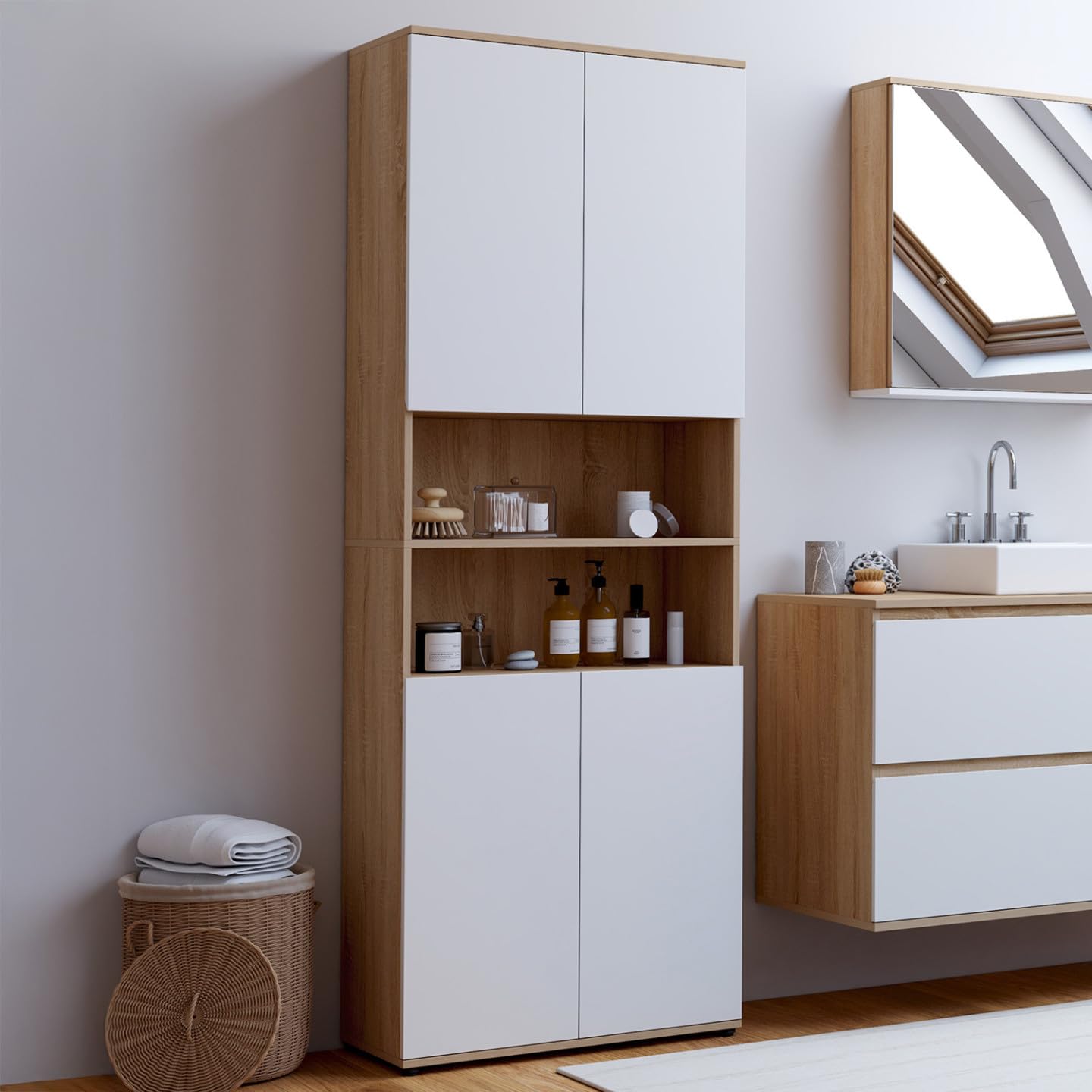 IDMarket - Mueble de baño TOMI con 4 puertas y 2 nichos en madera de haya blanca