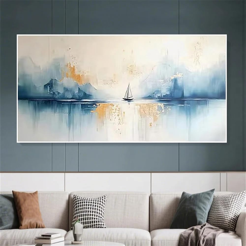 LTjiajuypd Abstract Sailboat Landscape Oil Painting Canvas Prints Blue Gold Mountain Lake Wall Art Modern Minimalist Room Decor(80X160cm)