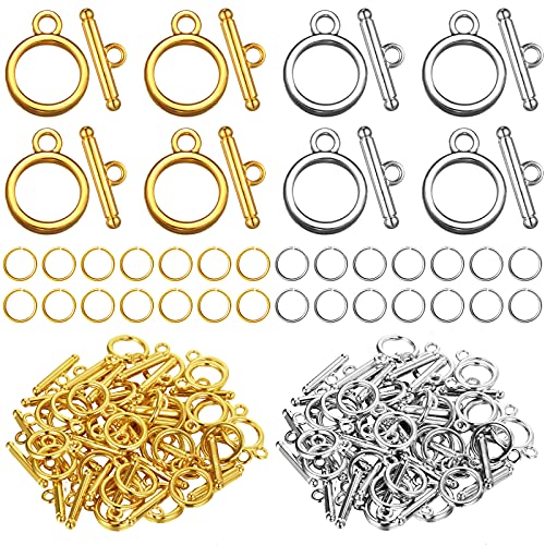 260 Pieces Toggle Clasps for Jewelry Making Include 60 Pairs Alloy Toggle Clasps Connectors Metal Bar and Snap Ring with 200 Pieces Open Rings(Gold Silver)