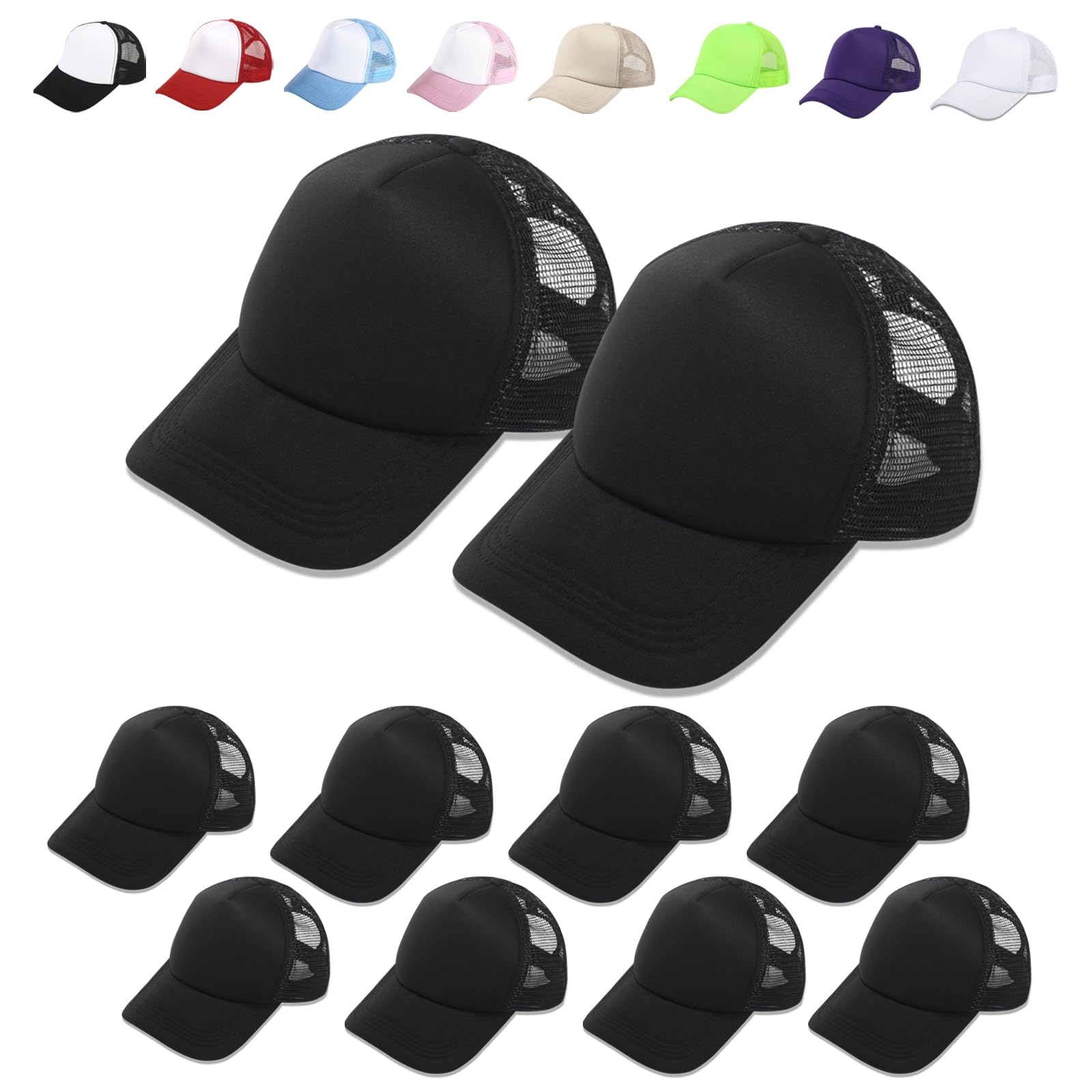10 Pack Sublimation Blank Baseball Cap Adjustable Hat Polyester Mesh Trucker Hats for Men and Women