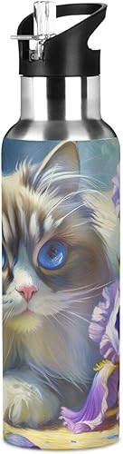 Miniatura 8 de Stainless Steel Vacuum Insulated Water Bottle 32 Oz, Leakproof Water Bottles for Gym Outdoor Travel School, Cute Cat Purple Flowers