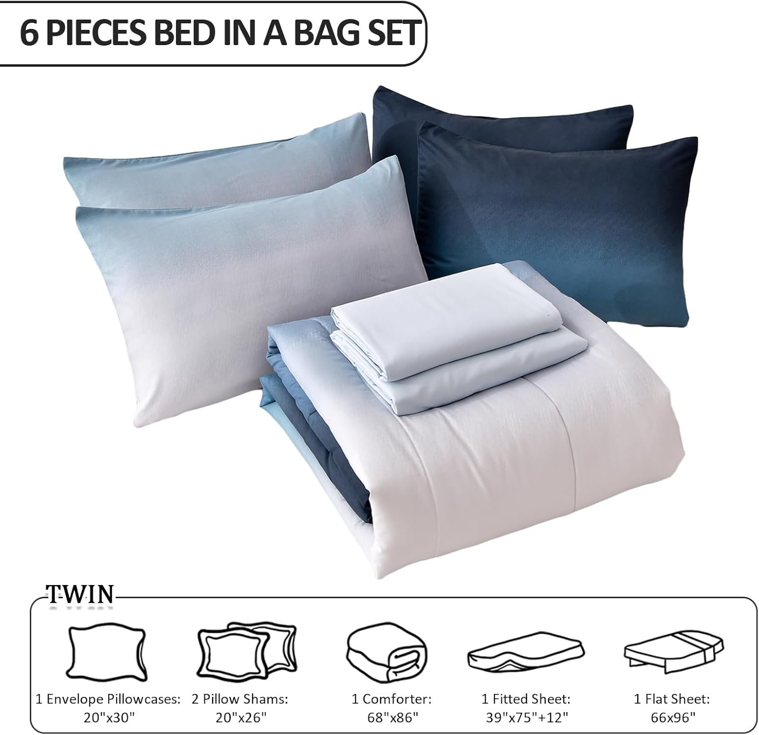 Anibedding Gradient Comforter Set Full Size 6 Pieces Ombre Navy Blue Bed in a Bag Complete Bedding Set - Breathable Solid Ocean Sea Blue Bed Sets with Flat/Fitted Sheet - Image 5