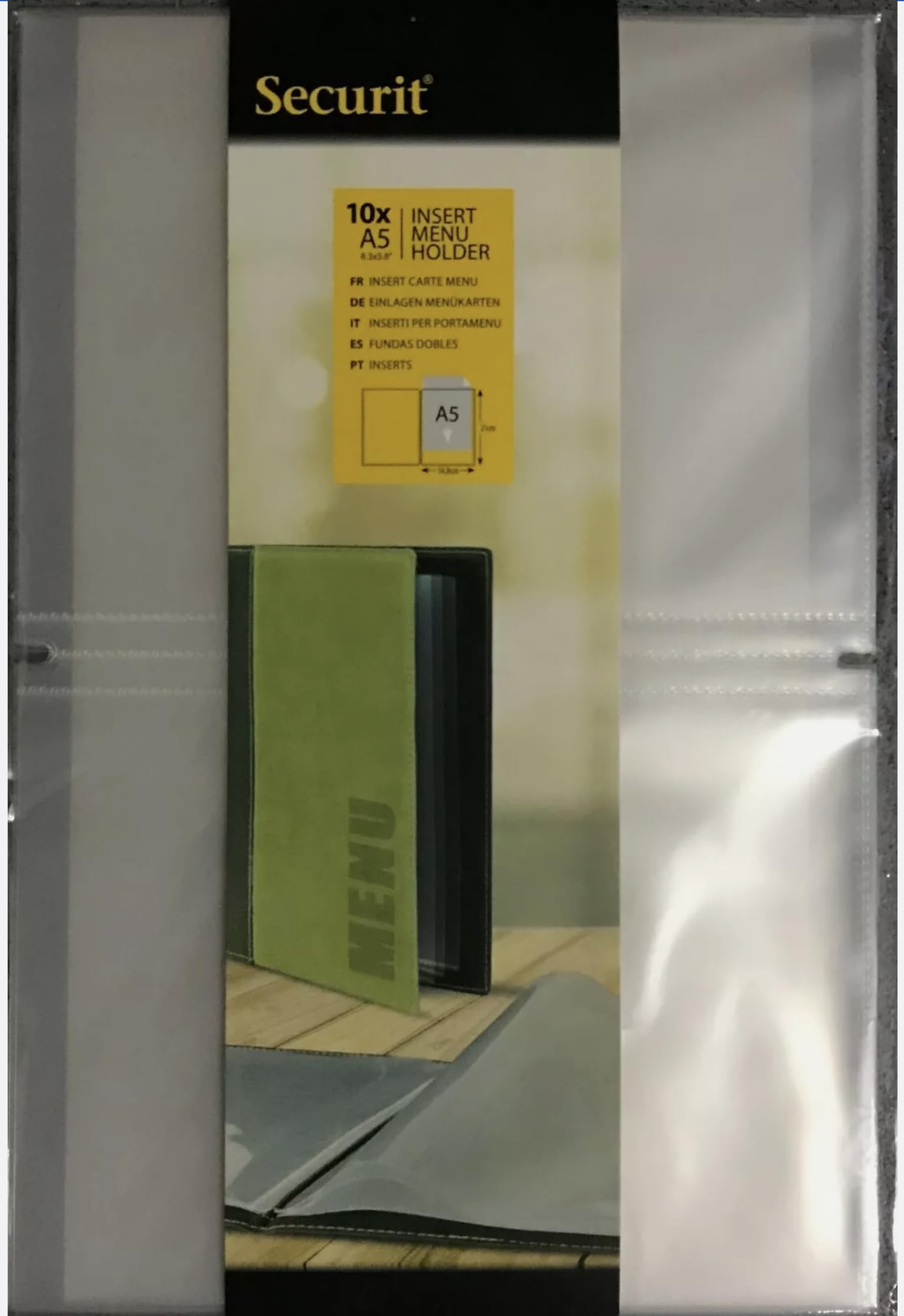 Transparente Kunststoffeinlagen, A4 oder A5, Doppeltaschen (4 Sichtseiten), geeignet für Speisekarten, Bars, Restaurants, Cafés und Hotels, abwischbar, 10 Stück