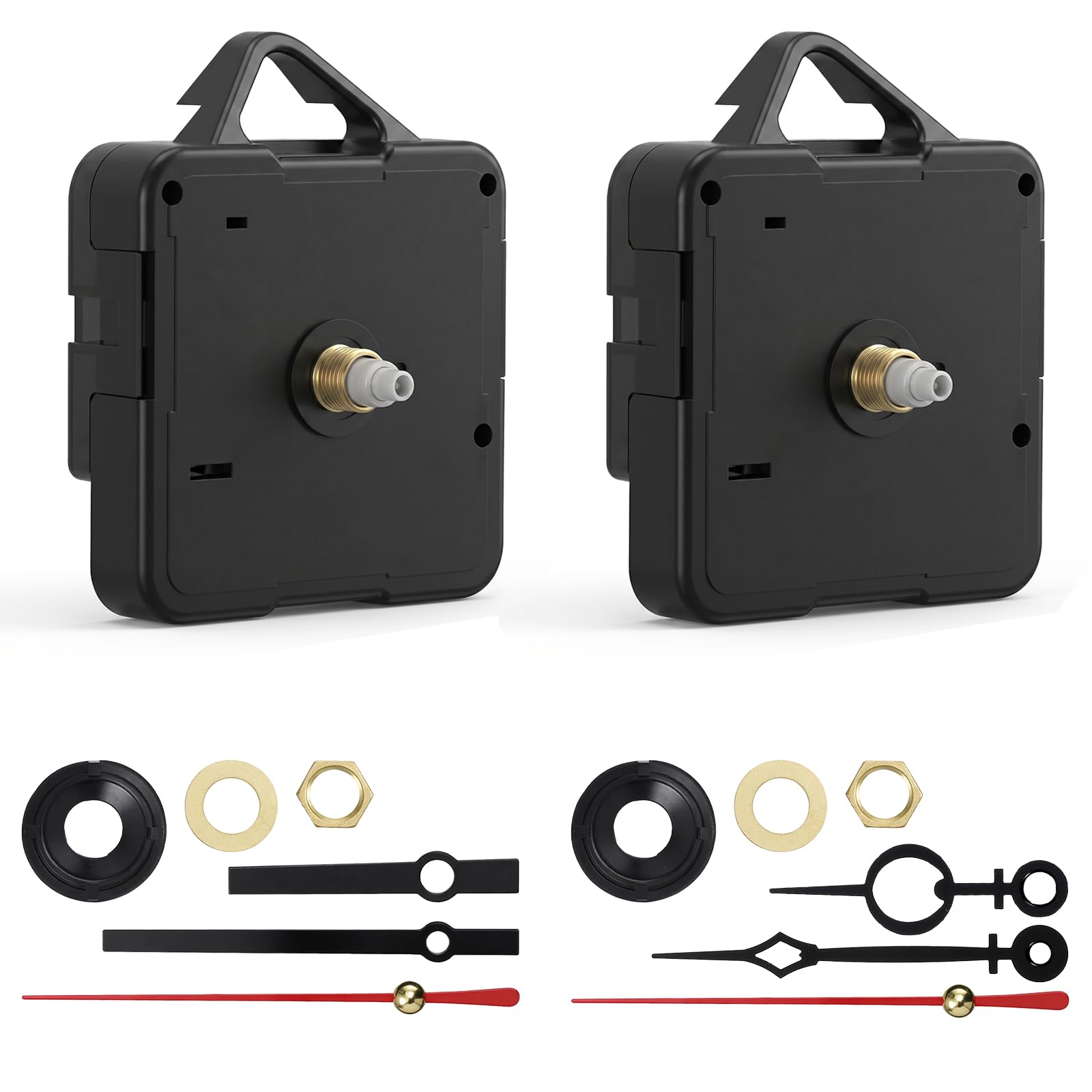 Skrfren 2 Pack Quartz Clock Movement Replacement Kit, Silent Battery Operated DIY Repair Motor Mechanism, Complete Wall Clock Parts with 6 Sets of Clocks Hands for Repair (5.6x5.6x1.6cm)