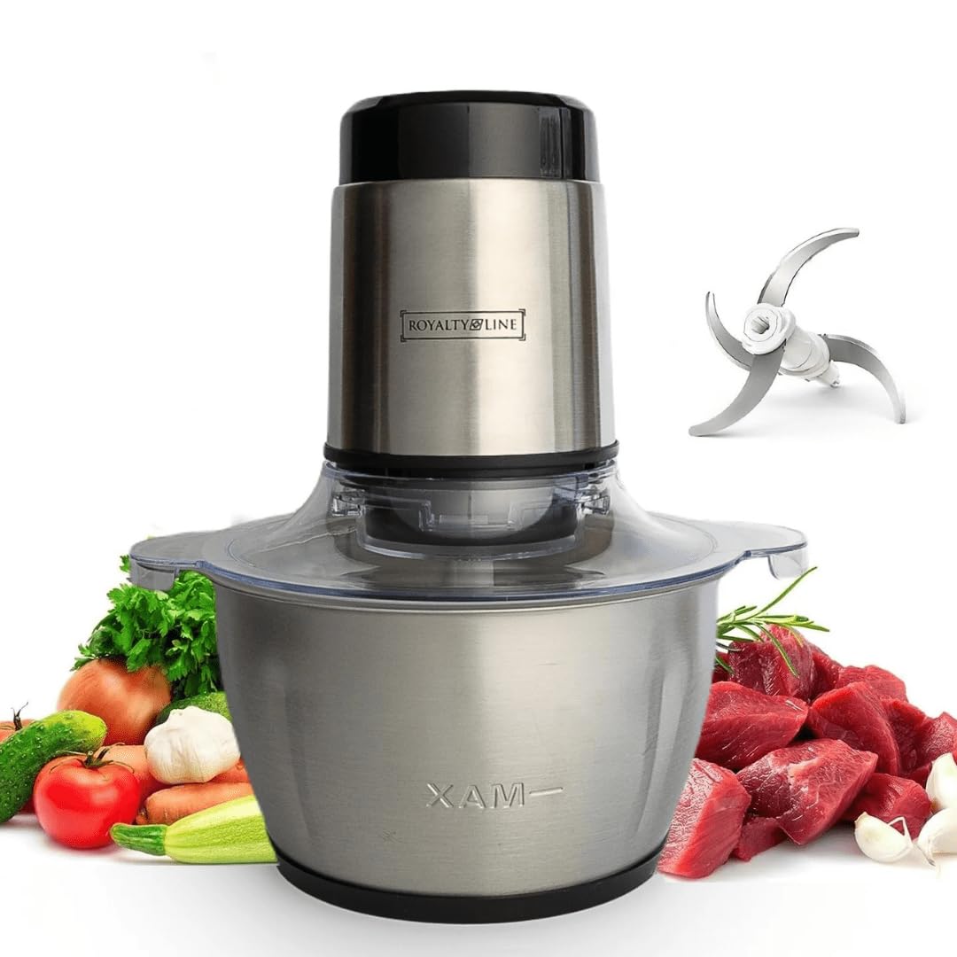 ROYALTY LINE, Tritatutto Multifunzione 300W RLMCE3003418, Ciotola in Acciaio Inox da 1,8 L, 2 Velocità, 4 Lame Affilate, Ideale per Carne, Verdura e Frutta, Facile da Pulire, Design ergonomico