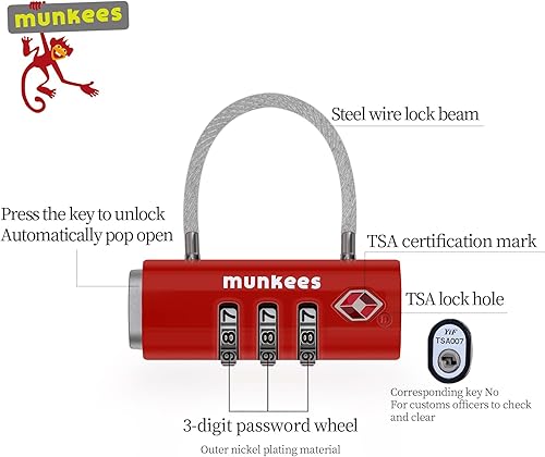 Miniatura 3 de munkees Cerradura de equipaje aprobada por la TSA, combinación de 3 dígitos, construcción de metal (rojo)
