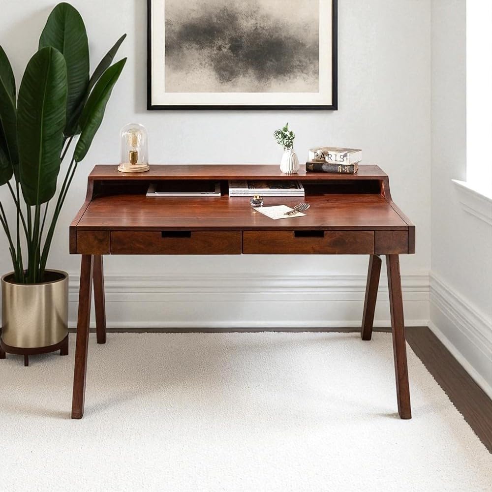 HOMERANGE Wooden Writing Study Desk Table for Home & Office | Laptop Computer Table with 2 Drawers & Shelf Storage for Adults & Students | Mango Wood, Honey Brown Finish