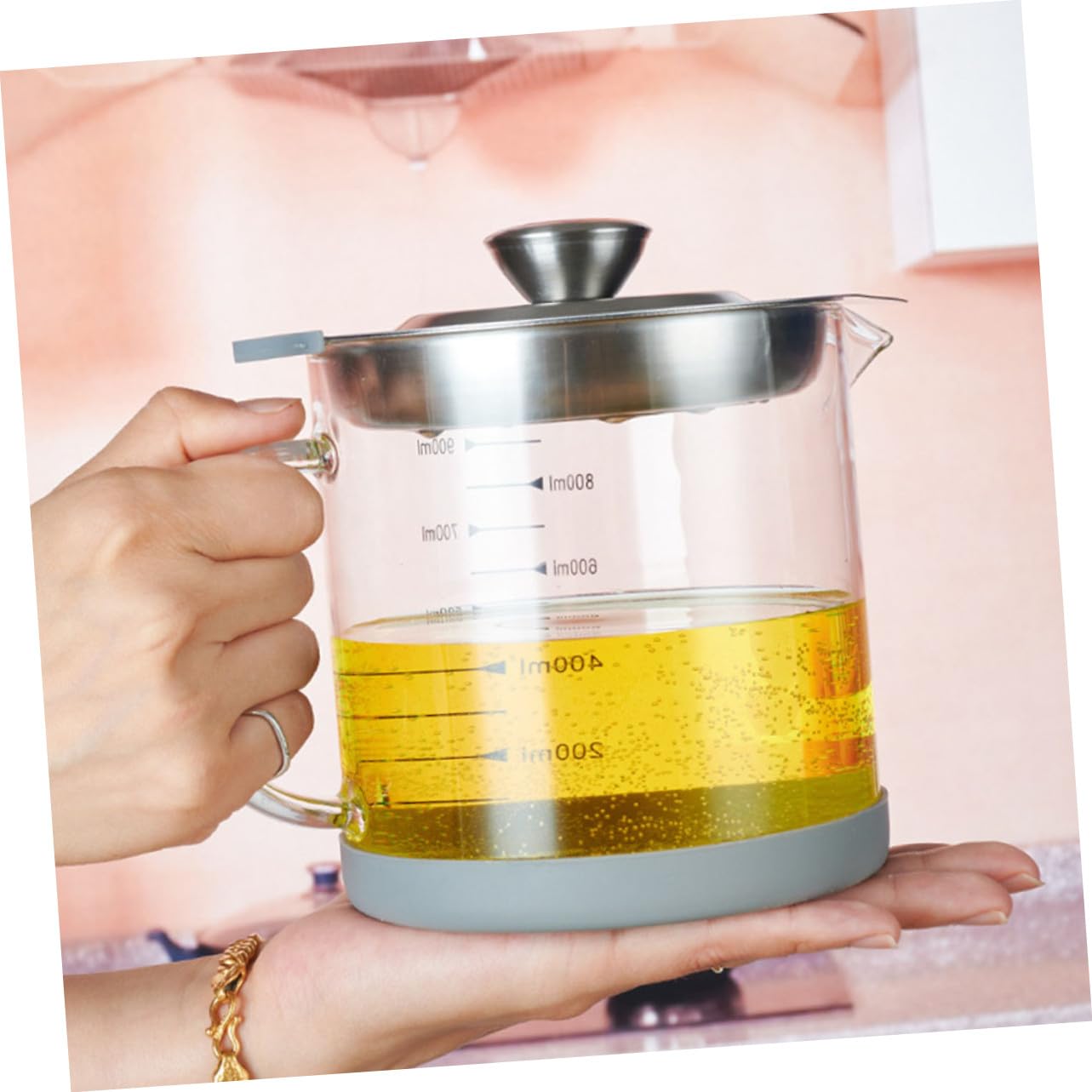POPETPOP Passoire Métallique à Mailles Fines en Acier Inoxydable avec Récipient à Huile 1000ml pour Filtration et Stockage Cuisine avec Poignée Anti-brûlure
