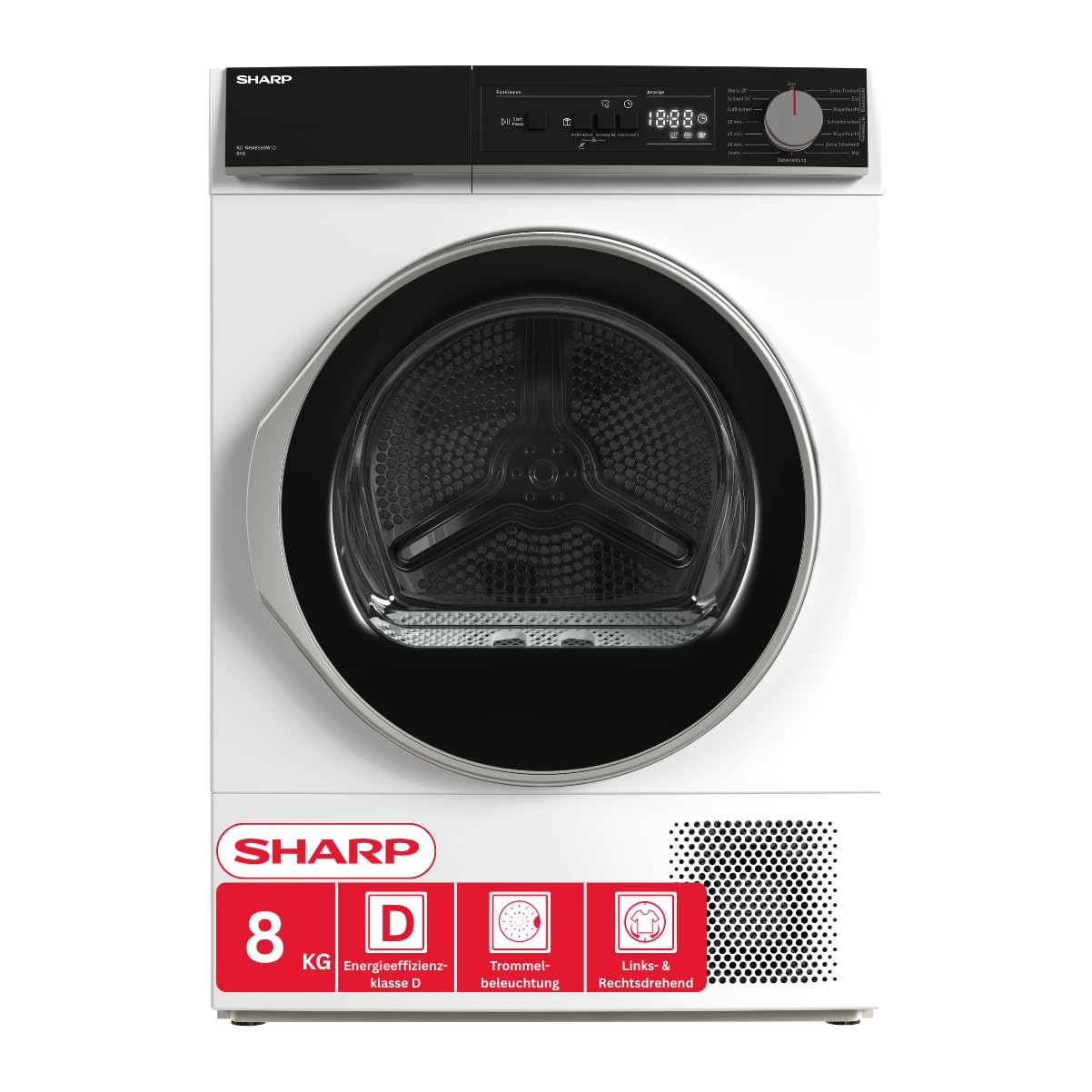 SHARP KD-NHA8S6GW1D-DE Wärmepumpentrockner (8 kg, EEK D), (15 Trockenprogramme, 20 Min. Kurzprogramm, Edelstahltrommel mit LED-Beleuchtung), Weiß