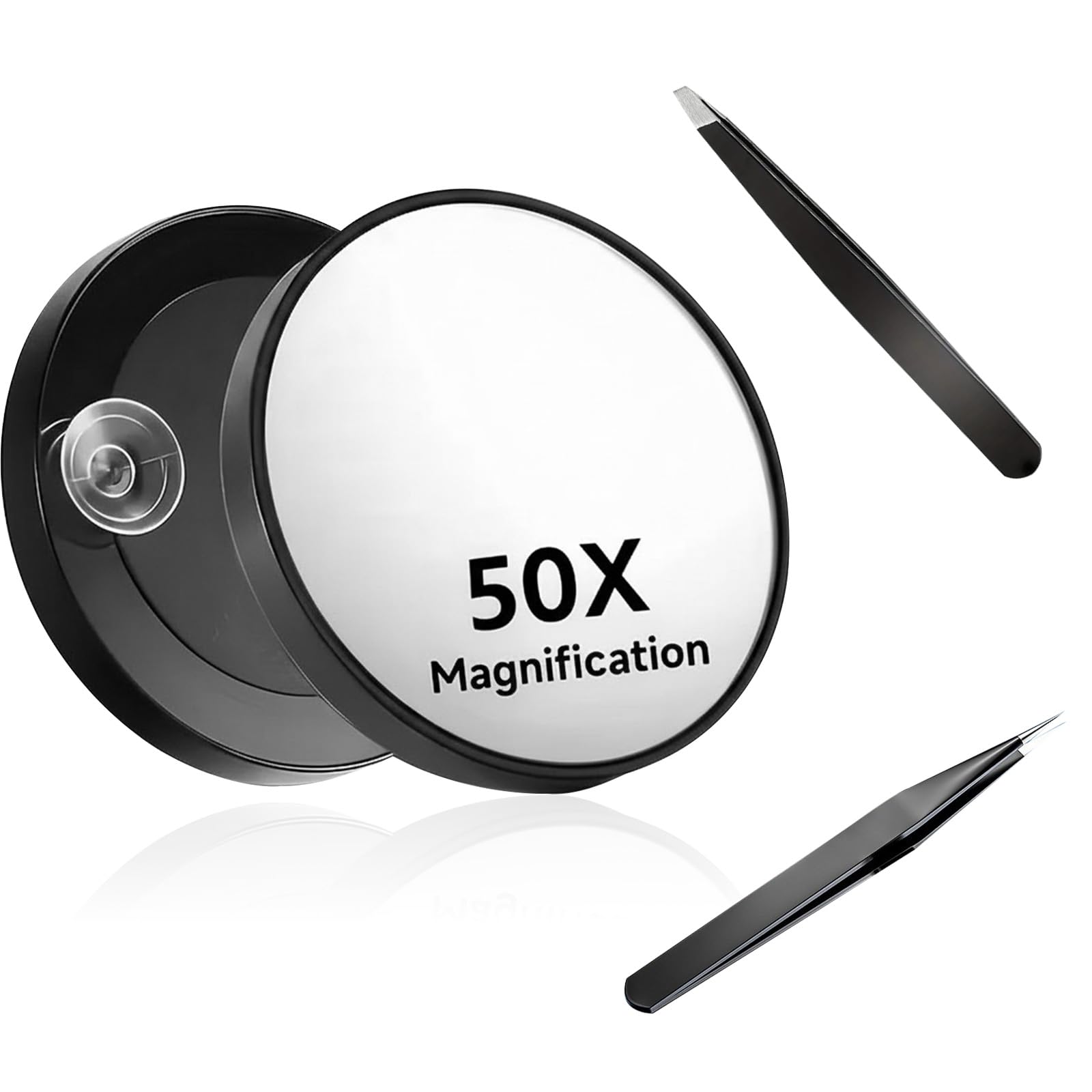 Uvwxba 50X Magnifying Makeup Mirror with Suction Cup & 2 Precision Tweezers - Compact Portable Magnifier for Detailed Makeup, Skincare & Contact Lens Wear(Black)