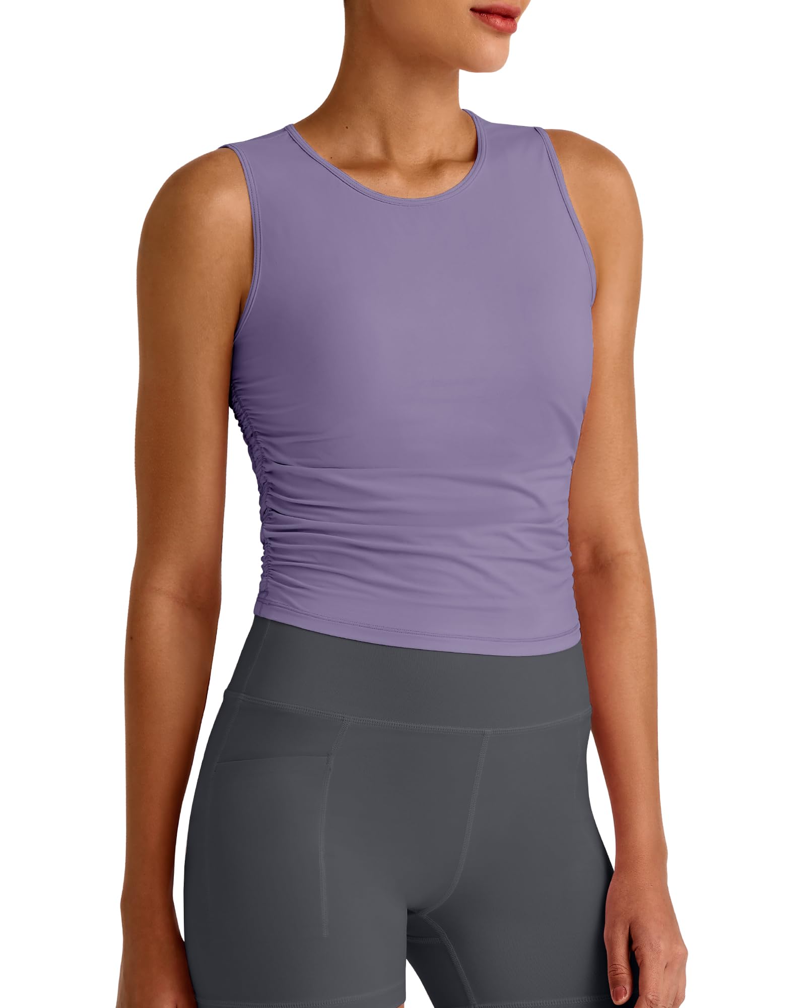 G4Free Skimetic Workout Tank Tops for Women Side Ruched Sleeveless High Neck Crop Top Summer Athletic Gym Shirts