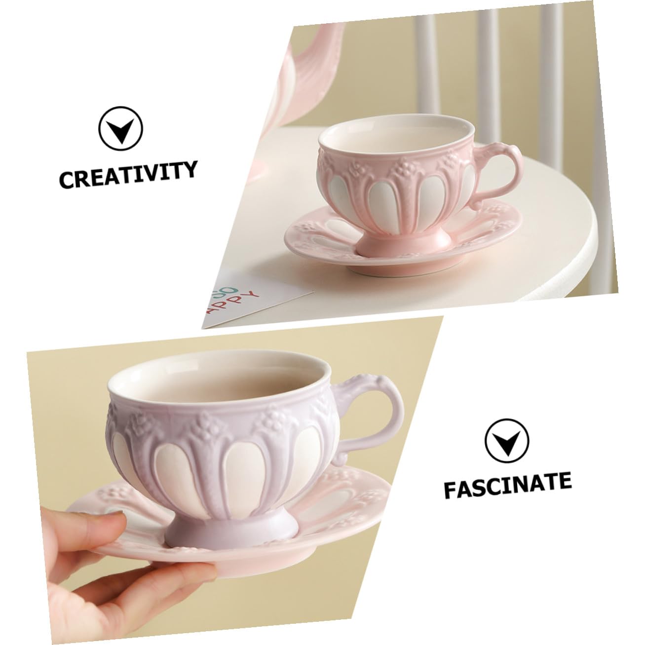 Kaffeetassen Satz 1 Satz Keramik Rosa mit Untertasse, Reliefdesign